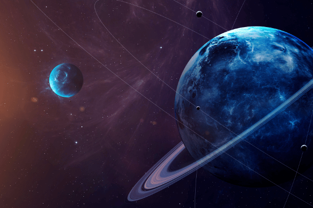 Imagem do planeta Urano e, ao fundo, há o universo e o planeta Netuno.