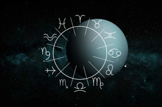 Imagem do planeta Urano e, ao fundo, há o universo. Na frente, há os símbolos dos signos do zodíaco.