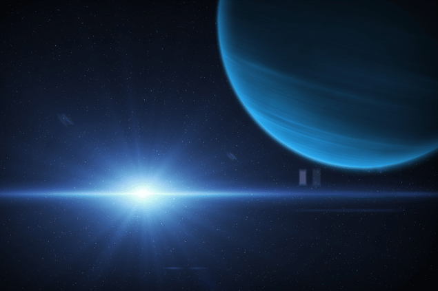 Imagem do planeta Netuno e, ao fundo, há o universo.