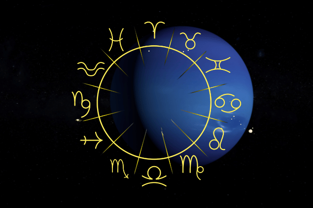 Imagem do planeta Netuno e, ao fundo, há o universo. Na frente, há os símbolos dos signos do zodíaco.