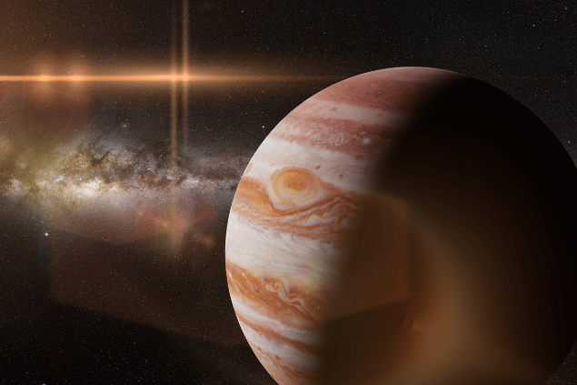 Imagem do planeta Júpiter e, ao fundo, há o universo.