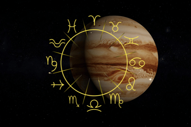 Imagem do planeta Júpiter e, ao fundo, há o universo. Na frente, há os símbolos dos signos do zodíaco.