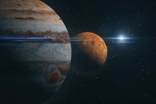 Imagem dos planetas Júpiter e Vênus e, ao fundo, há o universo.