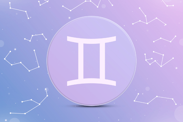 Na imagem, o ícone do símbolo do signo de Gêmeos está em destaque. Atrás, há algumas constelações.