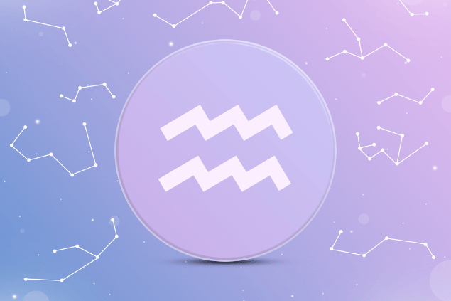 Na imagem, o ícone do símbolo do signo de Aquário está em destaque. Atrás, há algumas constelações.