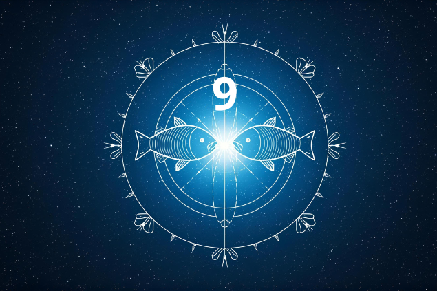 Imagem de uma mandala astrológica com o Glifo de Peixes e o número 9 ao centro.