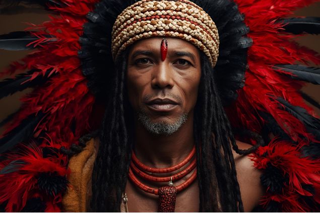 Imagem do caboclo Cobra Coral da Umbanda. Ele veste indumentárias que remetem às tradições indígenas, adornadas com penas vermelhas, pretas e brancas e colares de sementes.