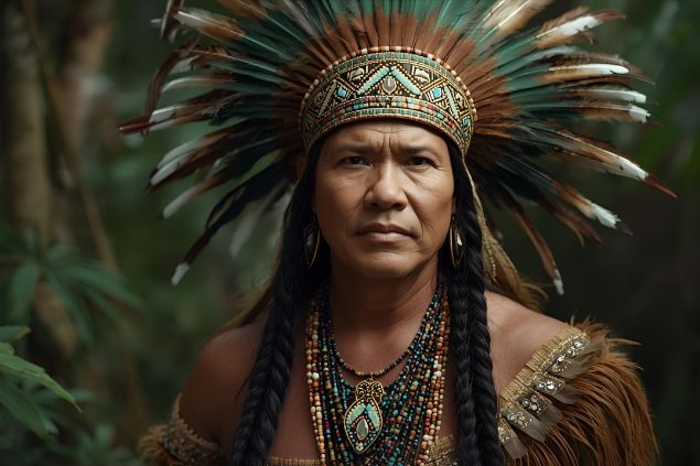 Imagem Caboclo Rompe Mato que veste indumentárias inspiradas nas tradições indígenas, adornadas com penas verdes, marrons e brancas, colares de sementes.