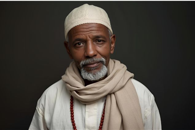 Imagem do preto velho Pai Francisco que usa roupas simples, geralmente em tons claros ou brancos, simbolizando pureza, humildade e desapego material. Frequentemente usa um lenço ou chapéu simples, além de rosário ou guia.