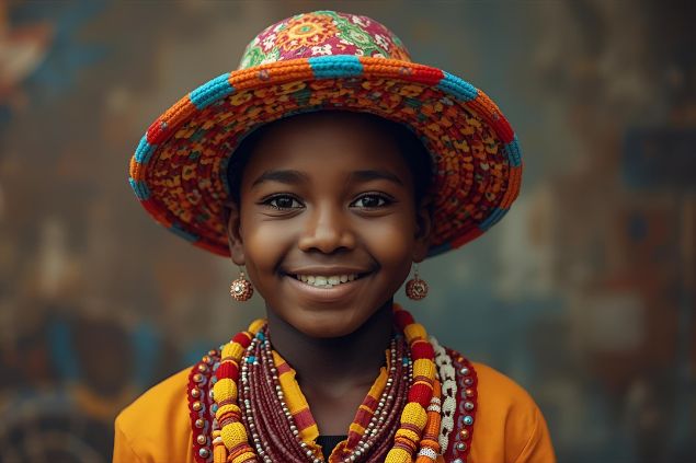 Imagem do Erê Joãozinho, entidade criança da Umbanda, que usa roupas coloridas, leves ou em tons vibrantes, simbolizando pureza, inocência e alegria. Frequentemente usa chapéus, bonés ou pequenos acessórios lúdicos.