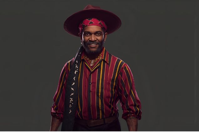 Imagem do malandro da Umbanda chamado de Camisa Listrada. Ele costuma vestir camisas listradas, geralmente em cores como vermelho, preto e dourado, combinadas com calças escuras ou coletes, simbolizando força e sua identidade de malandro protetor. Chapéus ou lenços completam seu visual, reforçando seu estilo.