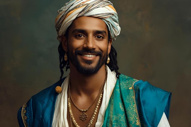 Imagem do Cigano Juan da Umanda. Ele usa roupas elegantes e leves, com cores como azul, branco e verde, simbolizando sabedoria, harmonia e proteção e sua aparência é de um homem de presença marcante e sorriso acolhedor, com olhar atento que transmite segurança, serenidade e otimismo.