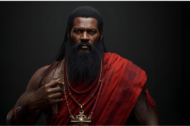 Imagem do Exu Lalu da Umbanda. Ele usa roupas em tons de vermelho, preto e azul, refletindo proteção, sabedoria e energia espiritual. A sua aparência é de uma figura imponente, olhar atento e postura firme, transmitindo autoridade e segurança.