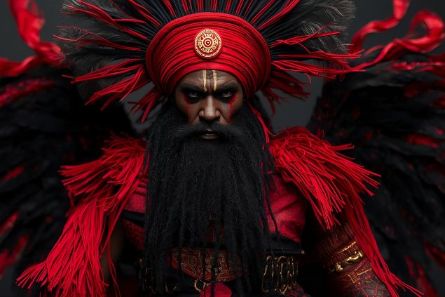 Imagem do Exu Bara da Umbanda. Ele usa roupas em tons de vermelho e preto, muitas vezes acompanhadas de detalhes em branco, representando movimento, vitalidade e equilíbrio entre forças opostas. Sua aparência é de uma figura imponente, com olhar penetrante e postura firme, transmitindo confiança e energia vibrante.