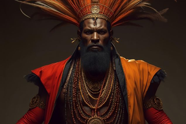 Imagem do Exu Gira Mundo da Umbanda. Ele usa roupas em tons de vermelho, laranja e preto, com detalhes metálicos ou brilhantes, representando força, movimento e a capacidade de transformar situações estagnadas. Possui uma figura imponente e dinâmica, com olhar atento que transmite segurança, presença e capacidade de perceber caminhos e oportunidades antes ocultos.