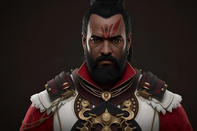 Imagem do Exu 7 Encruzilhadas. Ele usa roupas em tons de vermelho, preto e branco, muitas vezes com detalhes dourados, representando proteção, energia vital e conexão com as forças da encruzilhada e a sua aparência é de uma figura firme e imponente, com olhar atento que transmite sabedoria, autoridade e segurança.