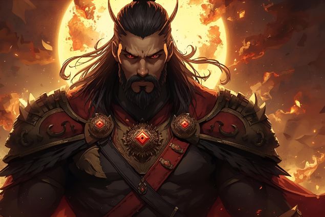 Imagem do Exu Tata Caveira. Ele usa roupas em tons de preto e vermelho, muitas vezes com detalhes em branco ou dourado, representando proteção, força e ligação com as energias espirituais mais densas. Ele é uma figura imponente e enérgica, com olhar profundo e penetrante, transmitindo alerta, firmeza e segurança.