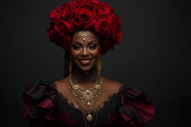 Imagem da Pombagira Rosa Negra da Umbanda. Ela usa roupas elegantes e envolventes, com cores como vermelho, preto e dourado, simbolizando proteção, força, sensualidade e poder feminino.