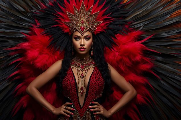 Imagem da Pombagira Maria Padilha do Cabaré da Umbanda. Ela usa vestidos luxuosos e envolventes, em cores como vermelho, preto e dourado, refletindo sensualidade, mistério, poder e proteção. Sua aparência é de presença marcante, olhar penetrante e postura confiante, transmitindo magnetismo e autoridade natural.