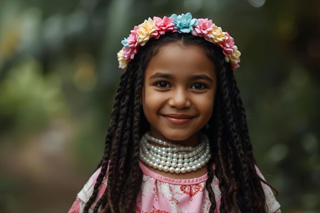 Imagem da pombagira mirim da Umbanda. Ela usa roupas simples, coloridas e lúdicas, frequentemente em tons claros, rosa, azul e branco, simbolizando inocência, leveza e proteção espiritual. Sua aparência é de uma figura infantil e encantadora, com sorriso doce e olhar acolhedor, transmitindo ternura, alegria e serenidade.
