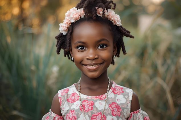 Imagem da Pombagira Menina da Umbanda. Ela usa roupas simples, coloridas e lúdicas, frequentemente em tons claros, rosa, azul e branco, representando pureza, leveza e proteção espiritual. Sua aparência é de uma figura infantil encantadora, com sorriso doce e olhar acolhedor, transmitindo ternura, alegria e serenidade.