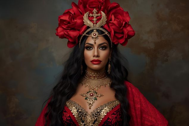 Imagem da pombagira Maria Padilha da umbanda. Ela usa roupas vibrantes e elegantes, frequentemente em tons de vermelho, preto e dourado, representando força, poder e proteção espiritual. 