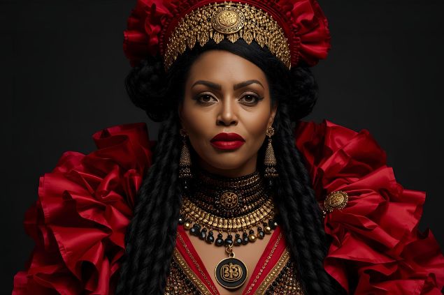 Imagem da pombagira Maria Quitéria da Umbanda. Ela usa roupas refinadas e intensas, muitas vezes em vermelho, preto e dourado, refletindo sua autoridade, elegância e energia protetora. 