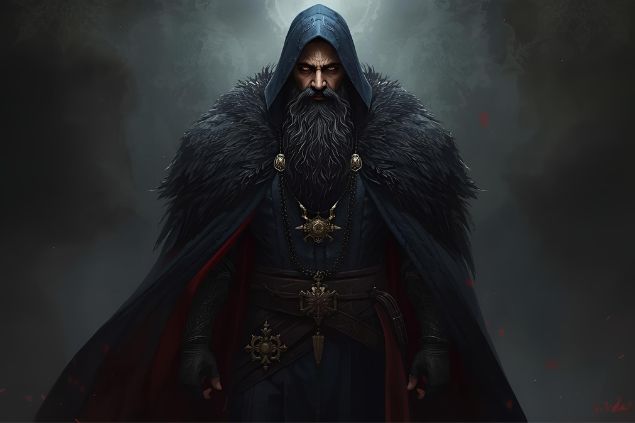 Imagem de Ogum Megê que é reservado, observador e extremamente fiel àqueles que caminham com fé e retidão. Ele usa trajes escuros, predominantemente azul-marinho, preto e vermelho-escuro, que simbolizam mistério, poder e proteção.