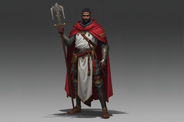 Imagem do Ogum Matinata que costuma ser representado como um cavaleiro firme e resoluto, com mantos nas cores vermelho e branco, transmitindo coragem, fé e disciplina. O olhar firme do Orixá reflete vigilância, segurança e presença de guardião.