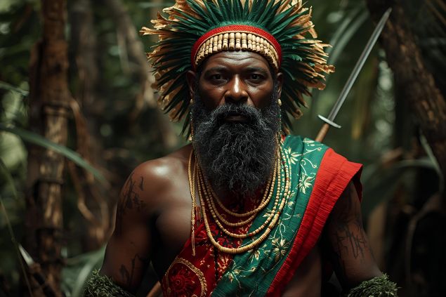 Imagem do ogum rompe-mato da umbanda. Ele é visto com trajes que lembram a firmeza e a resistência do guerreiro que atua na mata. Suas vestes variam entre tons de verde, vermelho e branco, simbolizando coragem, vitalidade e pureza de propósito.