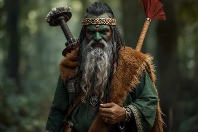 Imagem de Ogum das Matas que se apresenta com vestes que refletem sua força guerreira e sua conexão com o verde das florestas. Costuma usar roupas em tons de verde, marrom e azul, cores que simbolizam proteção, equilíbrio e conexão com a natureza.