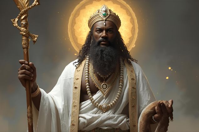 Imagem de Oduduá é tradicionalmente representado com vestes brancas, adornadas com detalhes em dourado ou prata, simbolizando pureza, luz e criação. Seu visual transmite solenidade, estabilidade e presença protetora. 