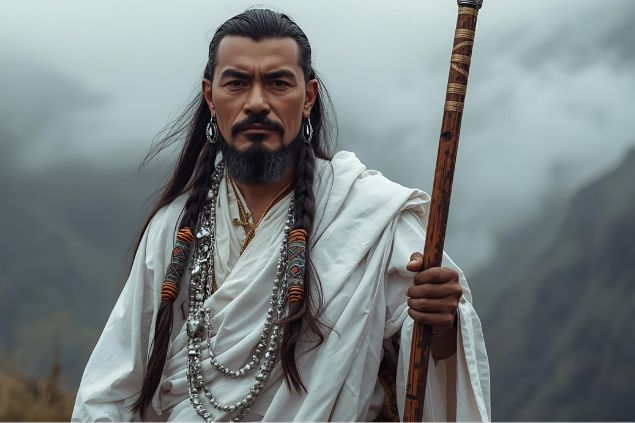 Imagem de Okê que é representado com vestes brancas e detalhes prateados, que simbolizam pureza e firmeza espiritual. Em algumas tradições, carrega um bastão ou cajado, símbolo da montanha e da estabilidade. Sua aparência transmite força e serenidade, refletindo a presença protetora e segura de Oxalá nas alturas.