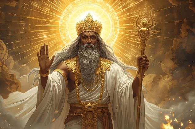 Imagem de Olofin que  é representado com vestes brancas e douradas, simbolizando sabedoria, luz e realeza espiritual. Sua imagem irradia serenidade e nobreza, refletindo a presença divina que orienta e sustenta o equilíbrio universal. 