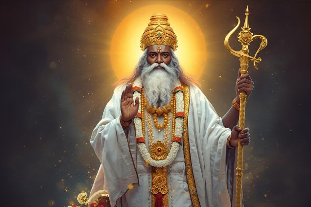 Imagem de Olorun que é representado com vestes brancas e douradas, simbolizando sabedoria, luz e realeza espiritual. Em algumas tradições, carrega um cetro ou bastão dourado, representando autoridade espiritual e equilíbrio cósmico. 