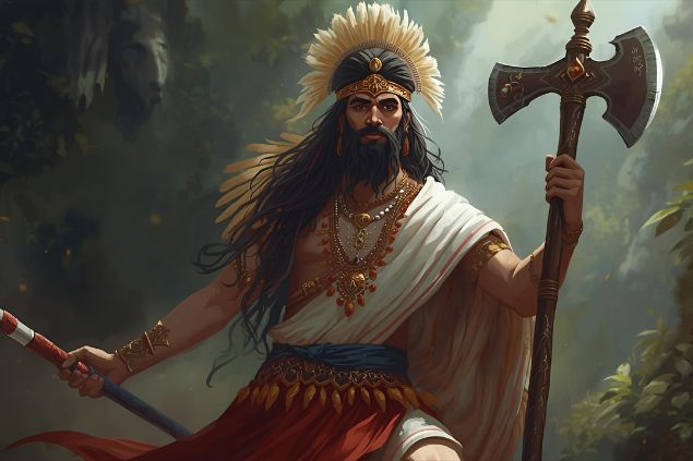 Imagem de Oxaguiã que é representado com vestes brancas e vermelhas, simbolizando pureza e energia vital. Frequentemente carrega um machado ou bastão, representando força, ação e transformação. 