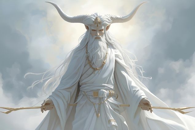 Imagem de Oxalufã que se veste inteiramente de branco, símbolo de pureza, paz e sabedoria. Carrega uma presença serena, transmitindo confiança e autoridade espiritual sem agressividade.