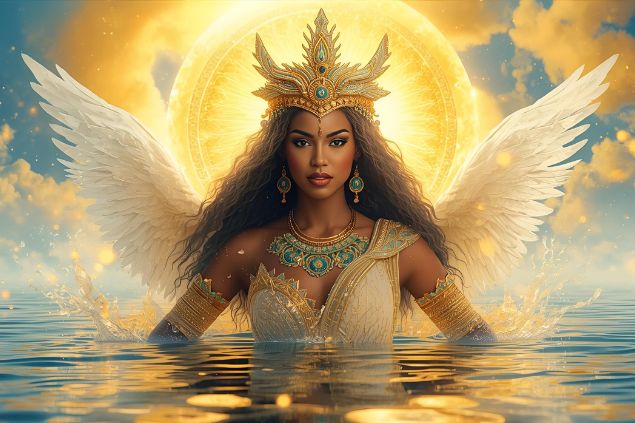 Imagem de Oxum que irradia uma energia suave, feminina e sedutora. Ela é representada pela cor branca, azul, amarela ou dourada, que remete ao ouro, à riqueza e à luz solar refletida na água.