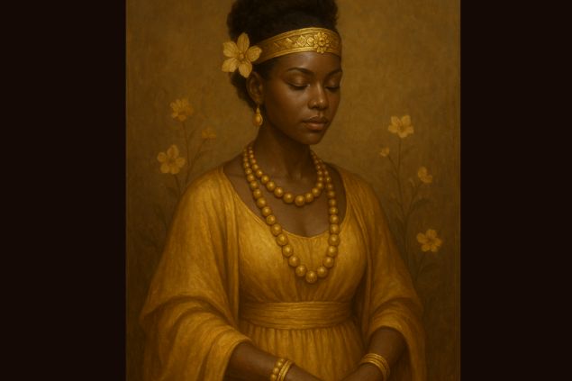 Imagem de Oxum Ijimu com roupas em tons de dourado e com colares de contas douradas, flores discretas e adornos.