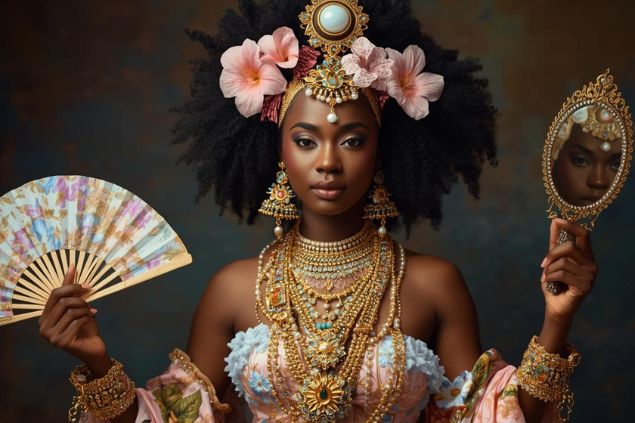 Imagem de Oxum Iponda usando trajes em tons de dourado, rosa e azul-claro, adornados com joias e flores. Seus colares são ricos e delicados, simbolizando prosperidade, encanto e feminilidade. Carrega leques, espelhos e flores nas mãos, reforçando sua conexão com a beleza, a sedução e a força do amor.