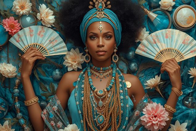 Imagem de Oxum Kare que usa roupas em tons de azul, verde-água ou dourado claro, simbolizando água, cura e equilíbrio. Seus colares são delicados e ricos em significado, e ela carrega espelhos, flores e leques, reforçando sua energia de proteção, beleza e força amorosa.