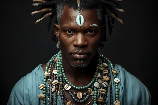 imagem do Inlé, entidade ligada à Oxóssi que representa a força das águas serenas que limpam e curam, sem jamais perder sua profundidade e poder. Inlé é tradicionalmente representado com vestes em tons de azul-claro, verde e prateado. Costuma usar fios de contas nas mesmas cores, adornados com búzios, conchas ou metais brilhantes.