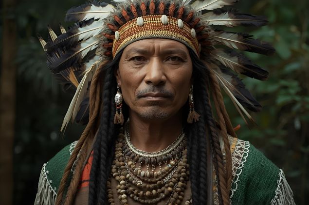 Imagem do  Caboclo Araribóia que é tradicionalmente representado com trajes em tons de verde, marrom e branco, cores que simbolizam a floresta, a terra e a pureza espiritual. 