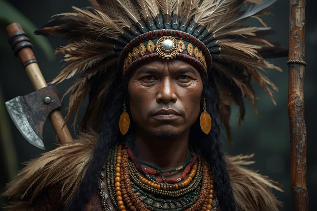 Canva/horoscopovIrtuAl Imagem do Caboclo Arranca-Toco que costuma ser representado com trajes em tons de verde-escuro, marrom e vermelho-terra, cores que expressam o vigor das matas e a energia vital que pulsa na natureza. Usa cocar de penas firmes, colares de sementes e, muitas vezes, carrega um bastão, machadinha ou lança, símbolos de sua força e poder de ação espiritual. Seu semblante é firme e decidido.