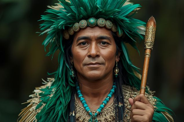 Imagem do Caboclo Pena Verde é tradicionalmente representado com roupas em tons de verde, azul e branco, cores que simbolizam a vida, o céu e a pureza espiritual. Usa adornos de penas e sementes, colares naturais carregando cajado ou bastão. Seu semblante transmite serenidade e determinação. 