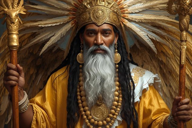 imagem do Caboclo Pena Dourada representado com roupas em tons de dourado, branco e marrom. Usa adornos de penas douradas, colares de contas naturais e, muitas vezes, carrega um cajado ou bastão ritual, representando proteção e orientação. Seu semblante transmite segurança, firmeza e clareza. 