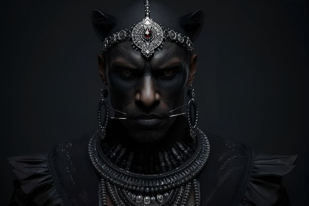 Imagem de Exu Pantera Negra representado com roupas negras e prateadas. Usa colares e adornos escuros, muitas vezes com detalhes metálicos. Sua figura transmite serenidade, domínio e respeito, como o olhar firme de uma pantera em alerta.