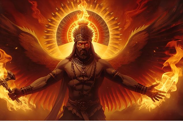 Imagem do orixá Xangô que irradia poder, equilíbrio e senso de justiça. É representado pelas cores vermelha e marrom. Seu elemento é o fogo, que purifica, ilumina e revela a verdade, e suas ferramentas são o machado de dois gumes.