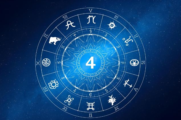 Imagem de uma mandala astrológica com os glifos dos 12 signos e no centro dela o número 4. 