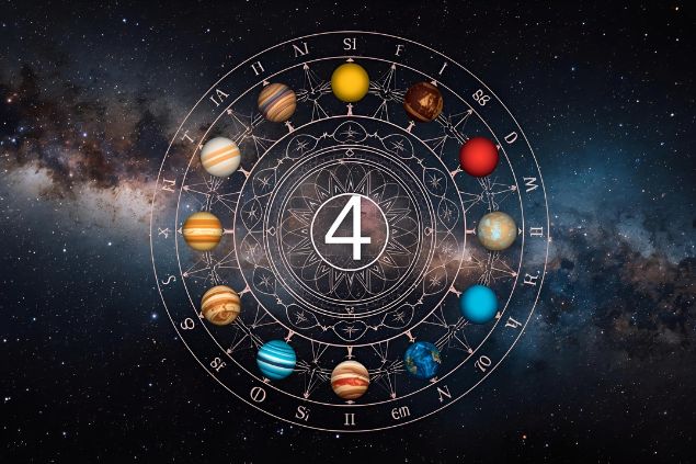 Imagem de uma mandala astrológica com os planetas coloridos, no centro dela o número 4 e de fundo o universo.